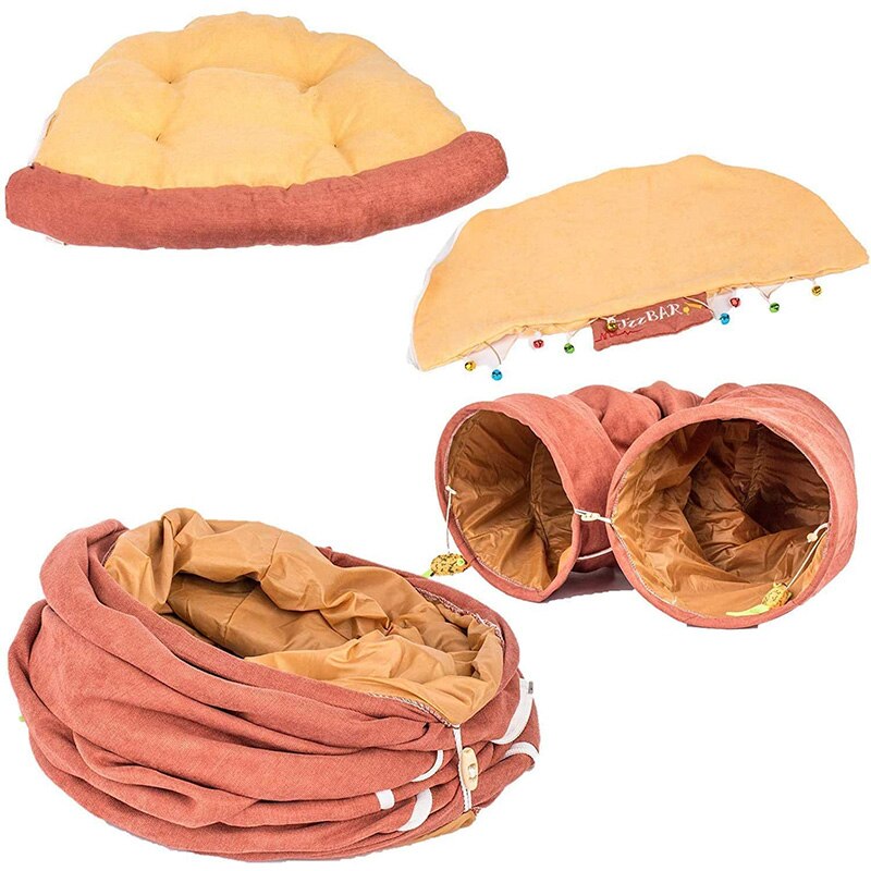 Cat tunnel tube and plush bed set, folded into compact layers with matching liner