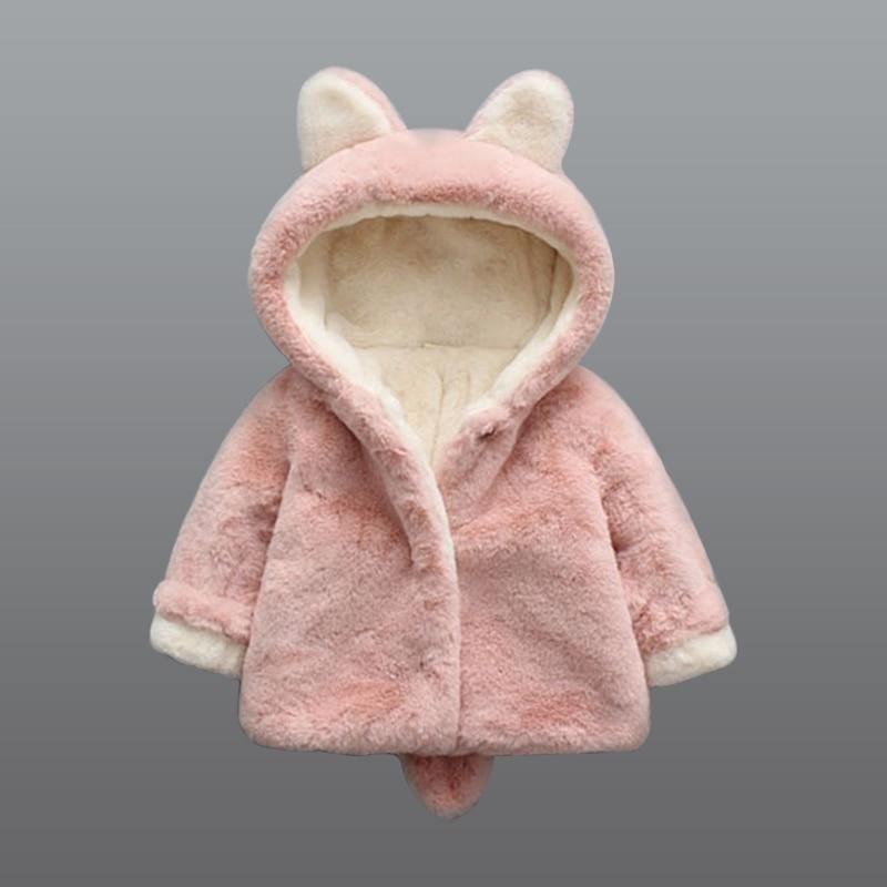 Light pink rabbit-hooded plush jacket with cream sherpa lining and bunny ears