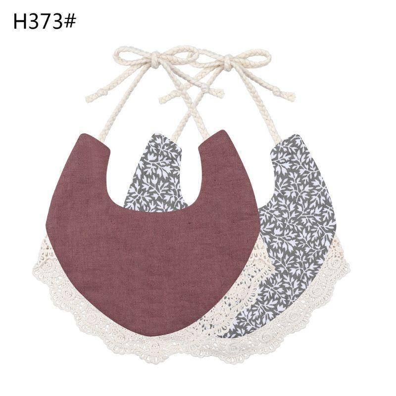 Infant bib set with plum solid and gray leaf print, scalloped lace edge