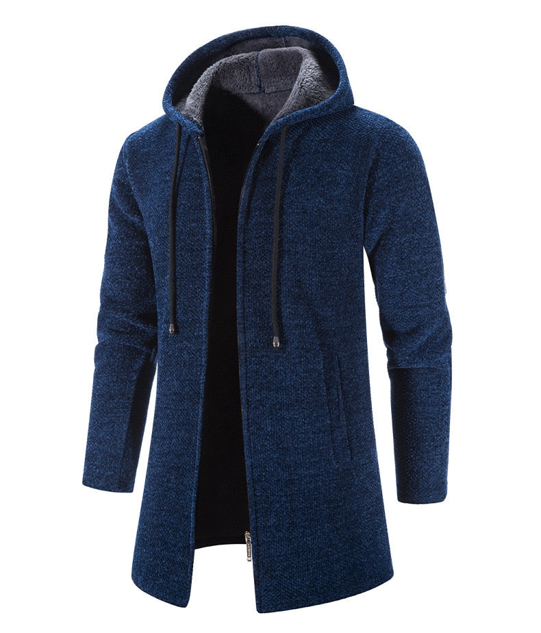 Men's dark blue hooded zip cardigan coat with front zipper, drawstrings, and side pockets