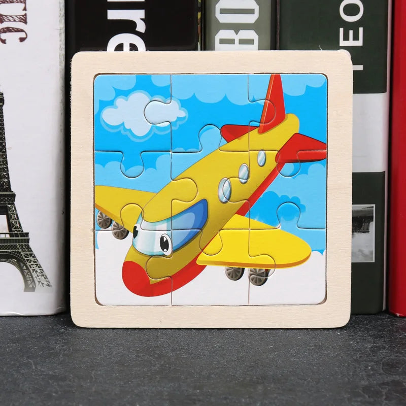 Kids wooden 3D tangram puzzle with yellow airplane and red accents on board
