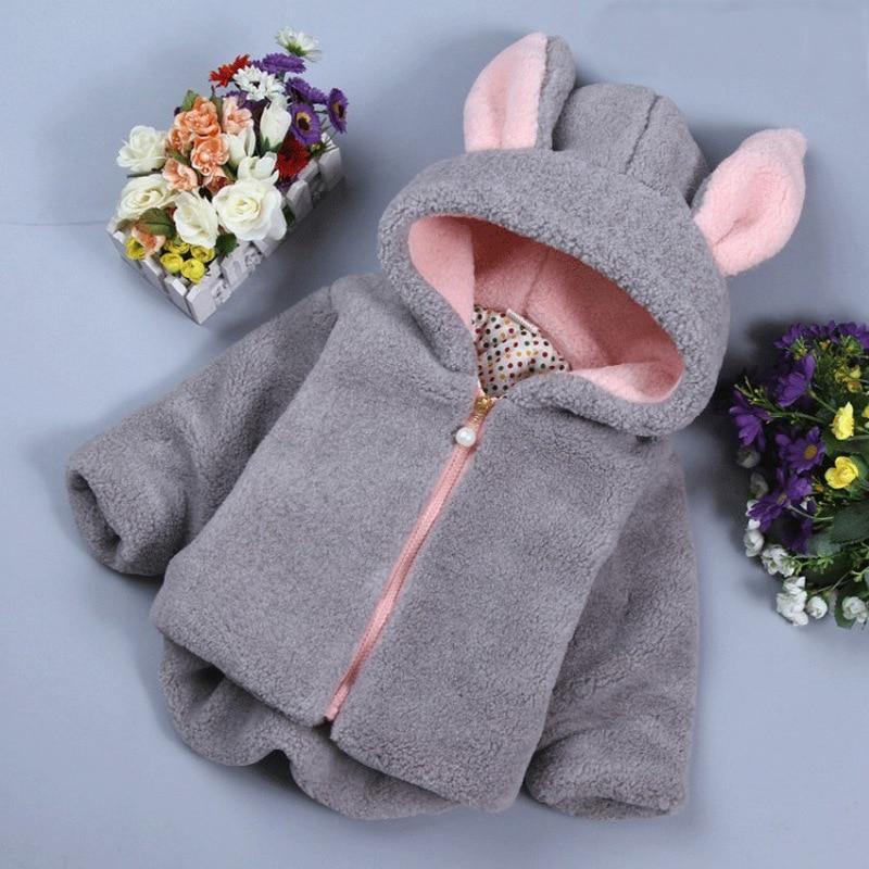 Gray hooded plush jacket with pink zipper and rabbit-ear hood detail