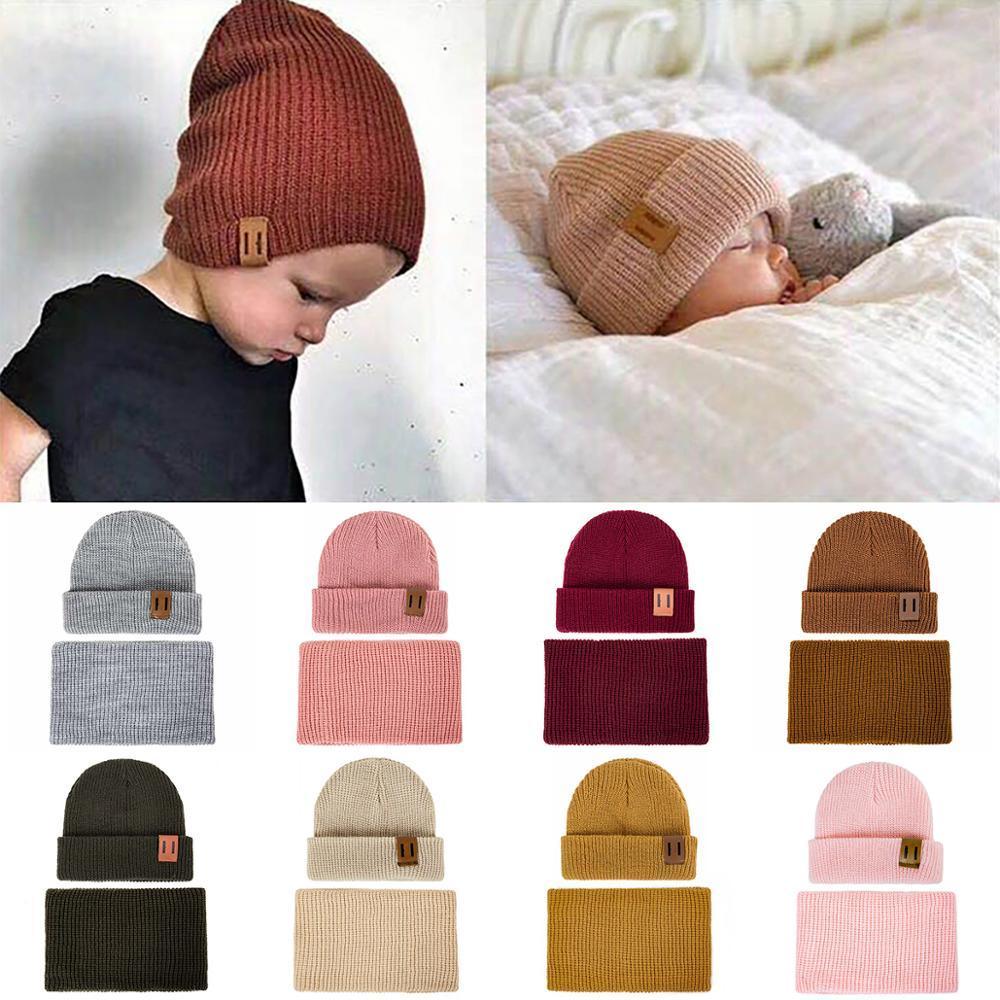 Brown knit baby beanie with matching neck warmer, plus coordinating color swatches