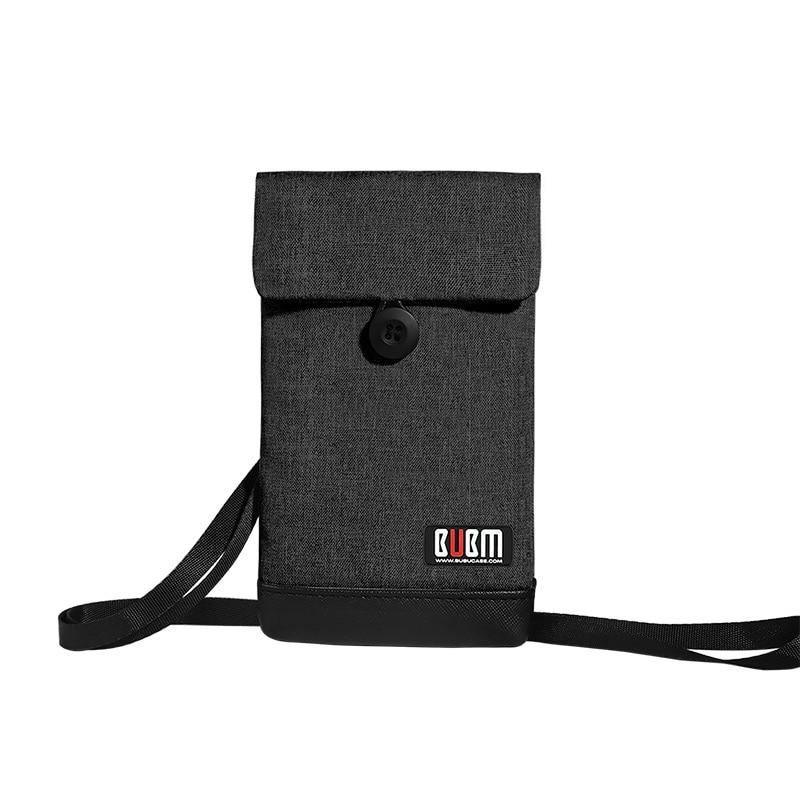 Dark grey fabric phone pouch with flap and snap closure, front logo badge, crossbody strap