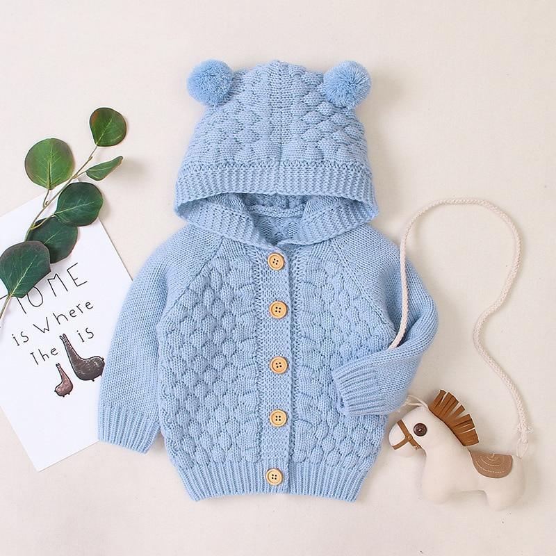 Infant hooded knit jacket, light blue, pom-pom hat, button placket