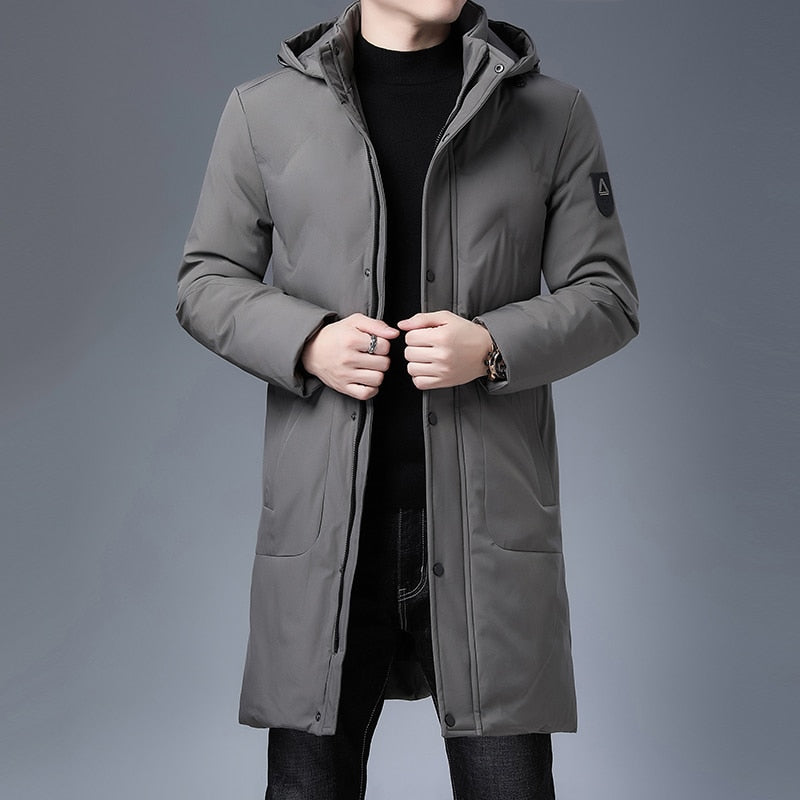 Men's longline parka windbreaker, light gray, hooded front with button closures