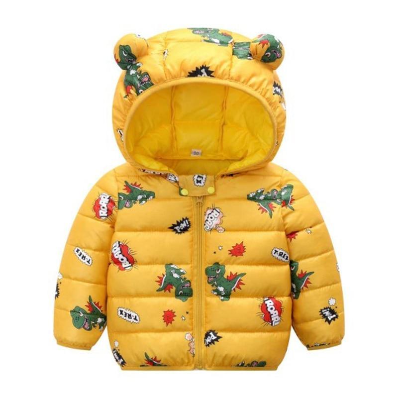 Infant yellow padded hooded jacket with dinosaur and animal print, zip-front