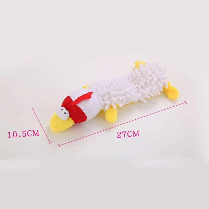 Dog squeaky plush toy, white chick with yellow beak and red scarf, long body