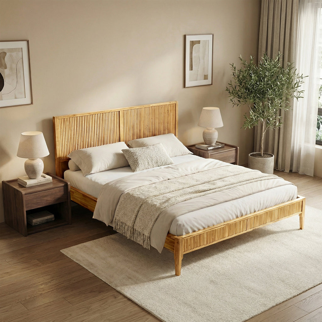 Light-colored wood bed frame with slatted headboard and open, airy side design