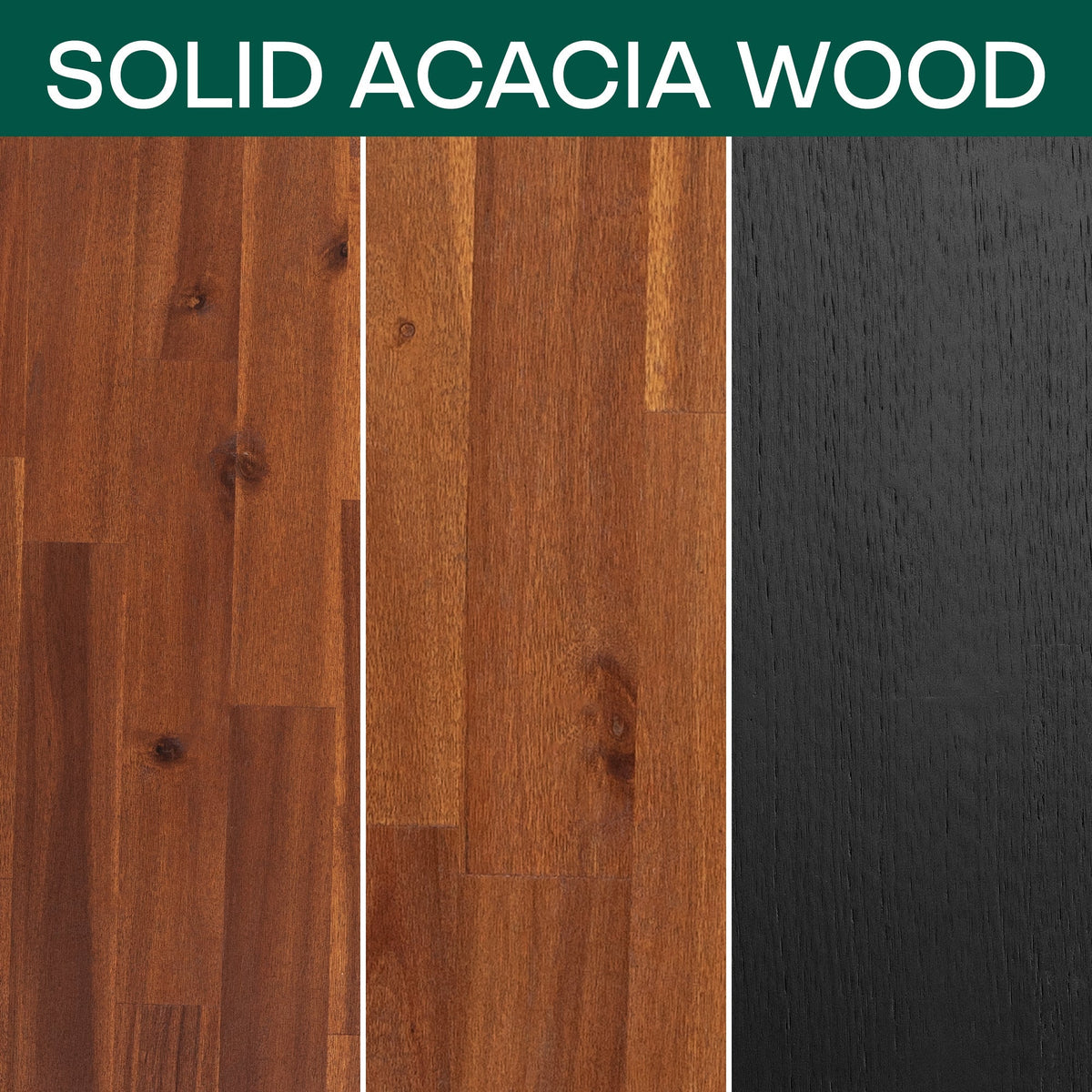 Solid acacia wood bed frame and nightstand, close-up grain texture