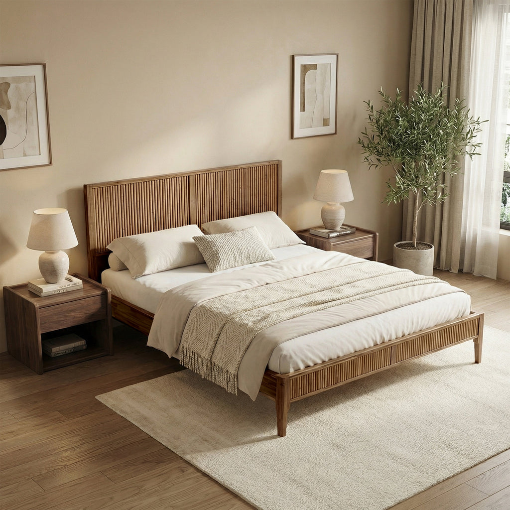 Solid wood bed frame with vertical slat headboard and tapered side legs