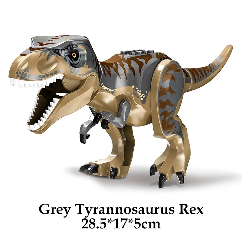 Grey T-rex dinosaur building block figure with open jaws and clawed feet