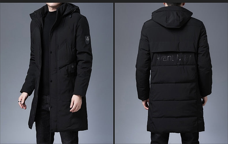 Men's longline parka windbreaker, black, back view with attached hood and padded look