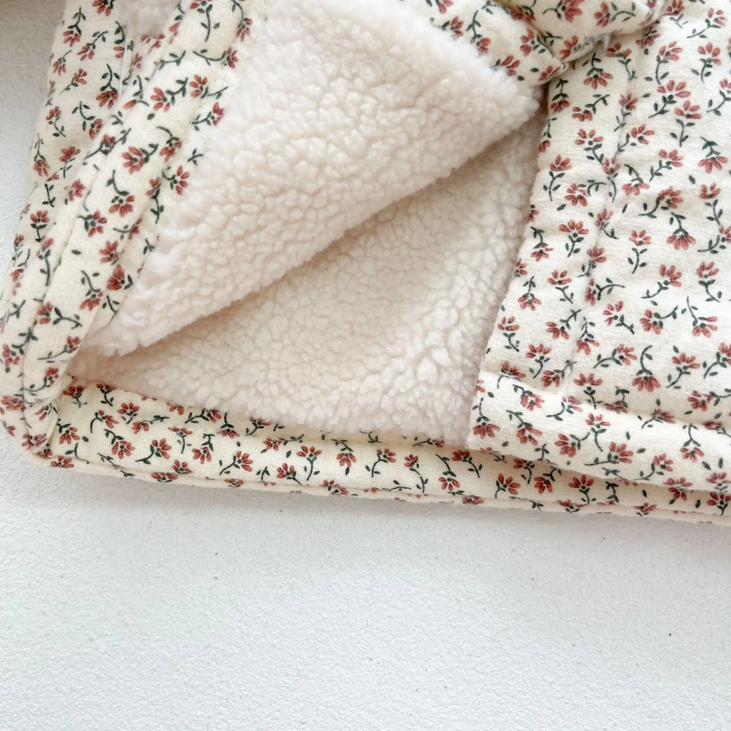 Baby winter jacket with floral print and sherpa collar overlay detail