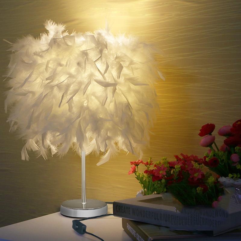 White feather heart-shaped table lamp with crystal charm on round base