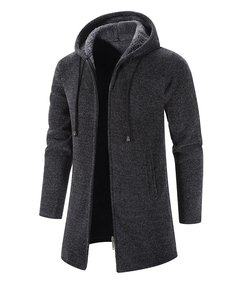 Men's dark gray hooded zip cardigan coat with drawstrings and front side pockets