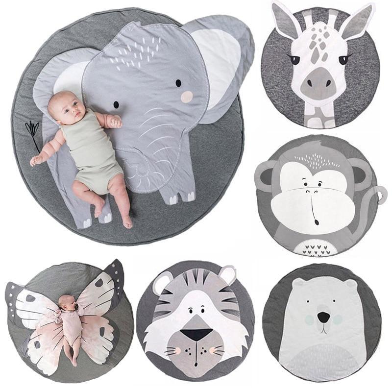 Round baby animal play mat, gray elephant design with baby on it.