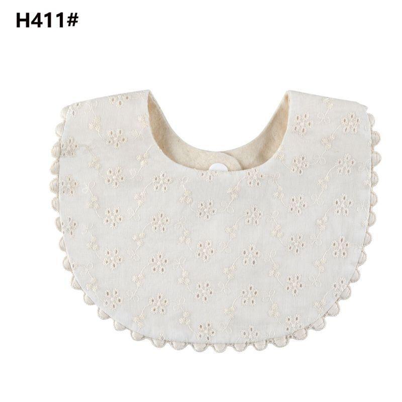 Infant double-sided bib, light cream eyelet floral pattern with scalloped trim