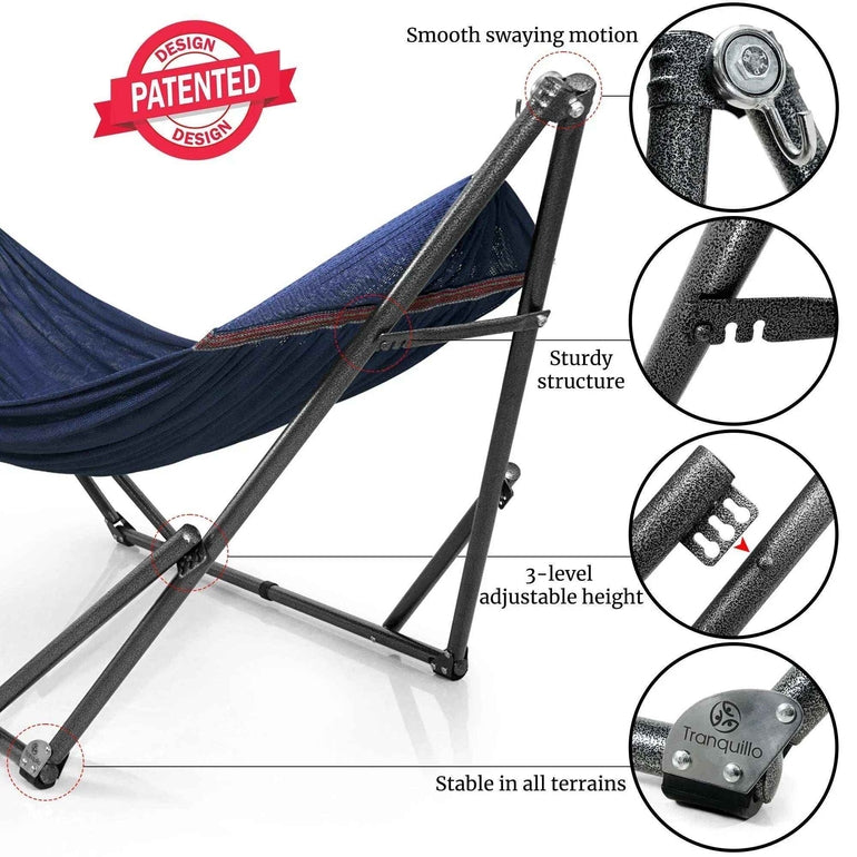 Blue hammock on steel frame with adjustable height stand and chain connection