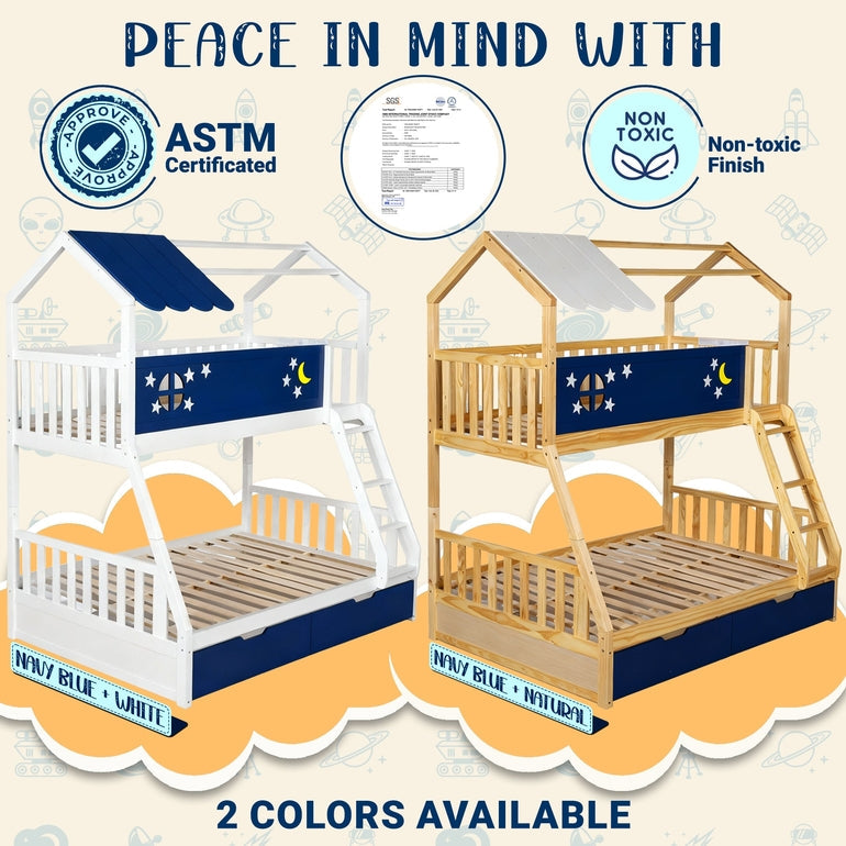 Two-tone kids bunk bed options shown: navy with white frame and navy with natural frame