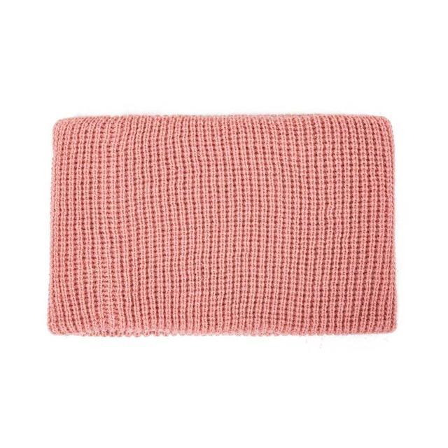 Soft pink knit snood scarf for kids with ribbed texture, wide loop shape