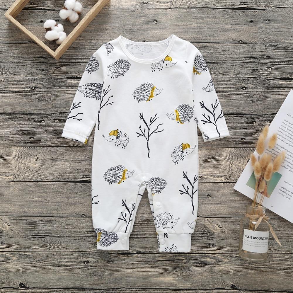 Newborn cotton romper, white long sleeves with hedgehog and tree animal print