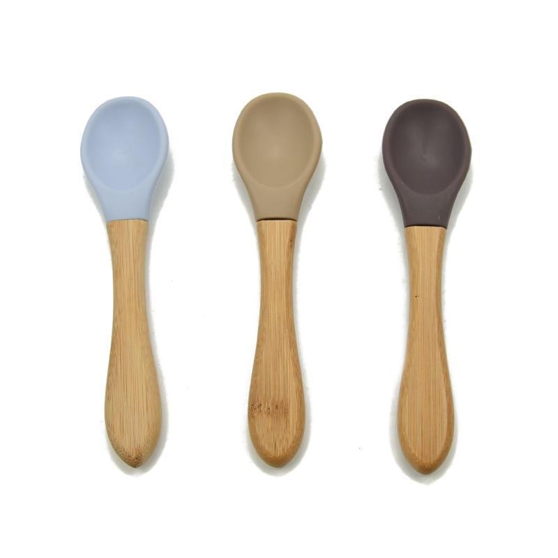 Set of 3 baby feeding spoons, wooden handles, silicone tips in blue, tan, and dark brown