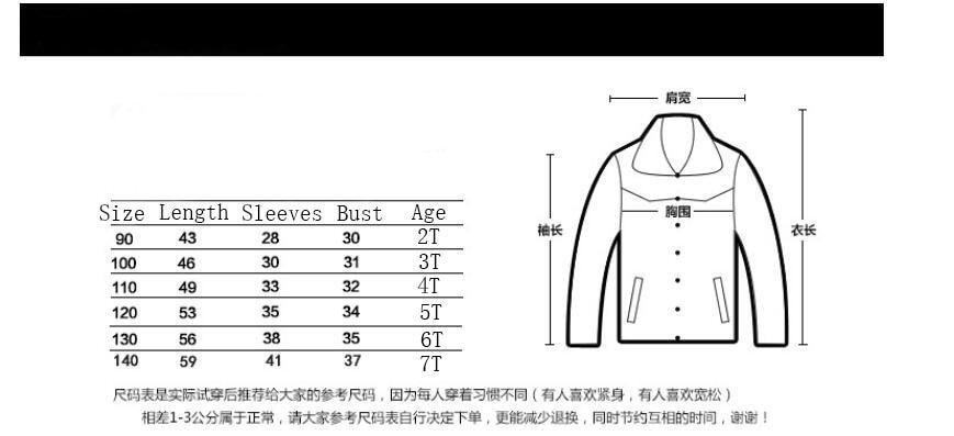 Kids jacket size chart diagram with length, sleeves, bust, and age measurements