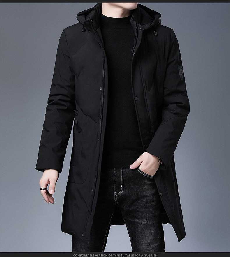 Men's longline parka windbreaker, black, hooded with zip front and flap side pockets