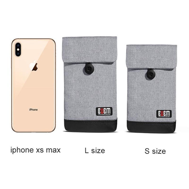 Two grey phone pouch sizes shown with snap-flap closure and front logo badge