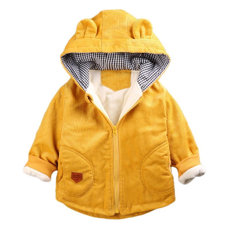 Infant yellow corduroy hooded jacket with bear-ear hood and chest pocket
