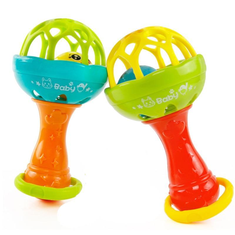 Baby plastic hand rattle with turquoise and yellow bowls, orange base