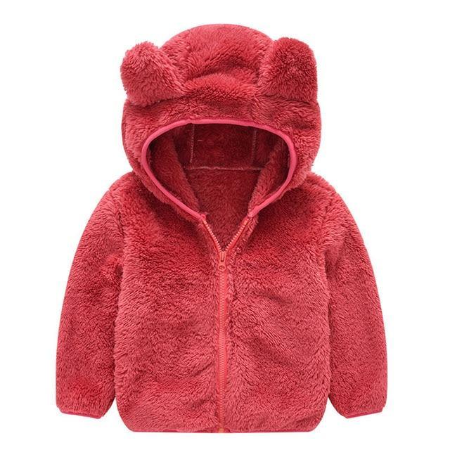 Red hooded faux-fur jacket for kids with bear-ear hood, full-zip front, side pockets