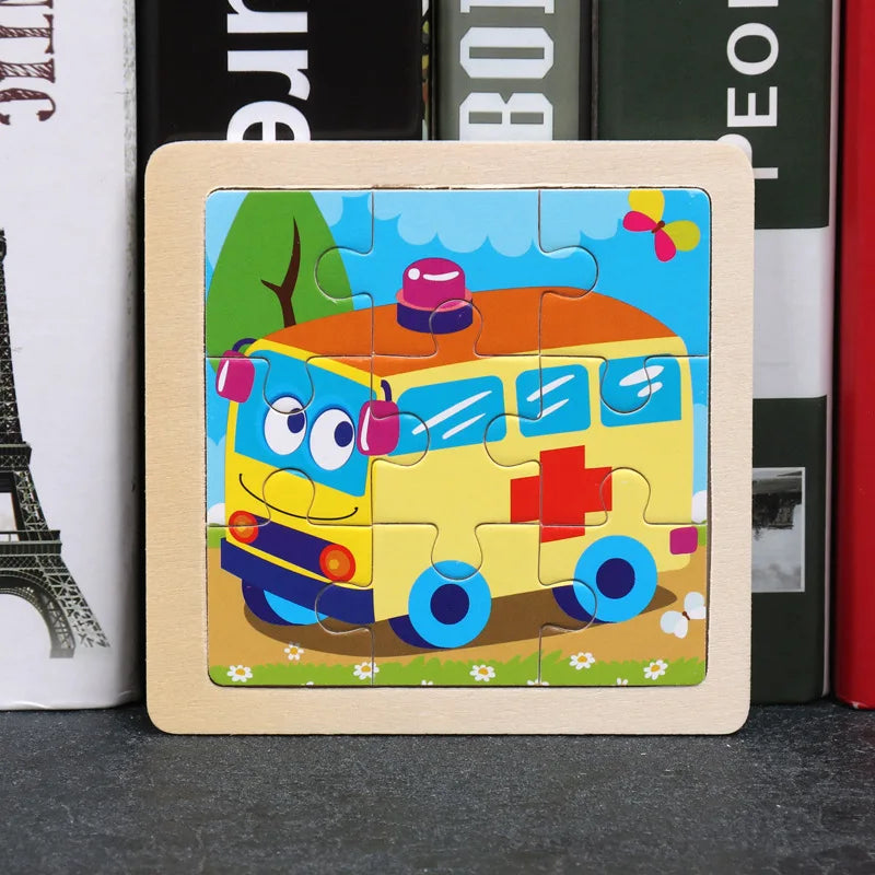 Wooden 3D tangram puzzle with cartoon yellow ambulance and red cross pieces