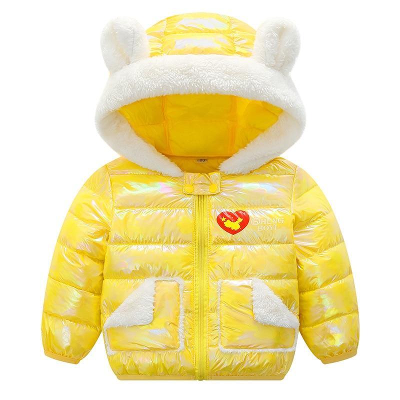 Yellow kids hooded puffer coat with white faux-fur trim and ear hood
