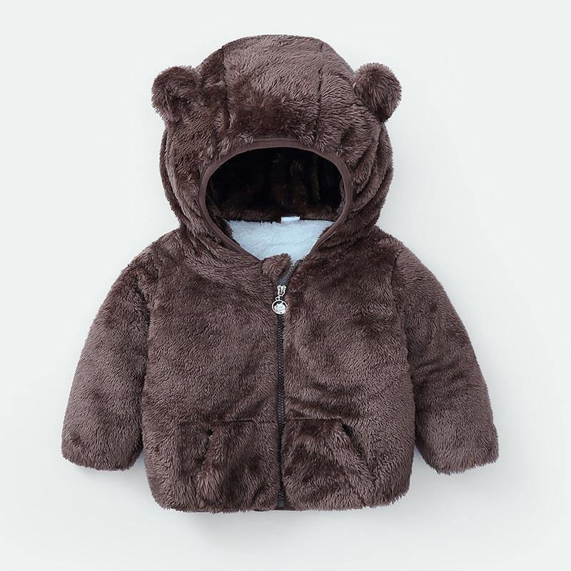 Dark brown plush hooded coat with bear-ear hood, front zipper, warm winter jacket
