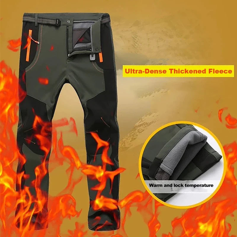 Men's black hiking pants with thick fleece lining at inner cuff detail
