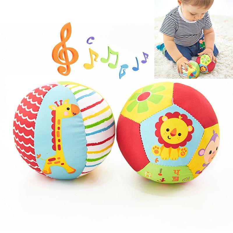 Soft plush baby rattle ball set with animal faces, colorful striped and lion designs