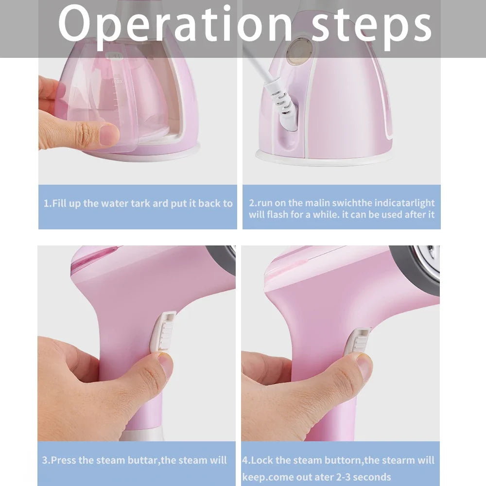 Handheld garment steamer body in pink, hand pressing steam button near base