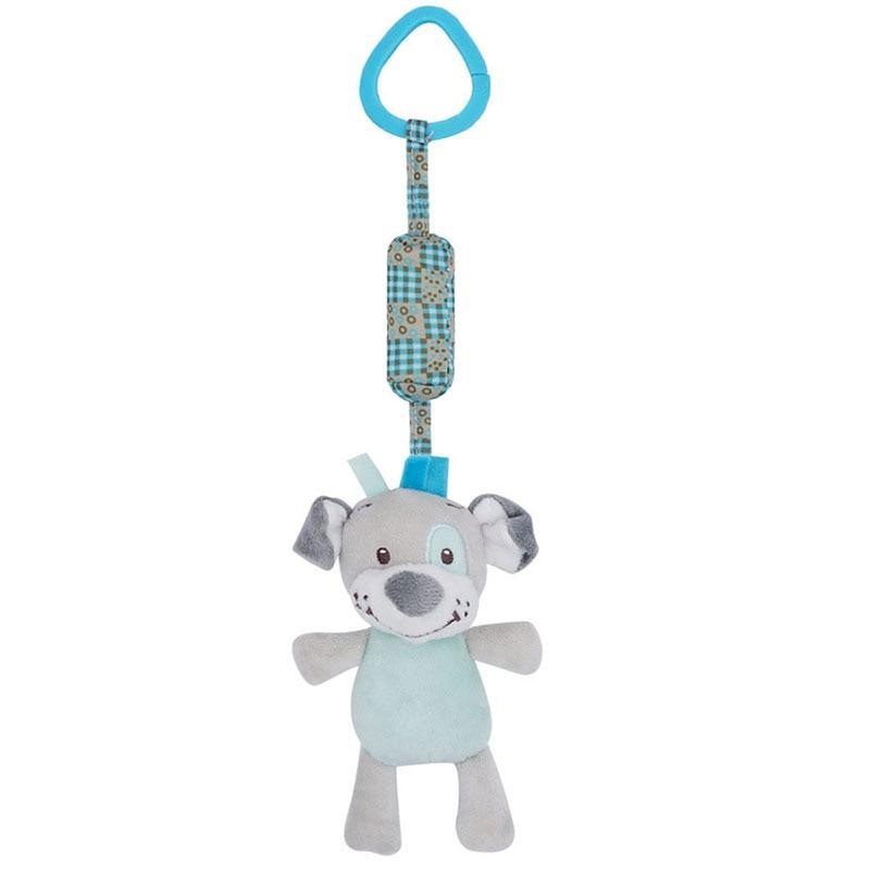 Baby plush rattle mobile toy with hanging dog figure and woven strap