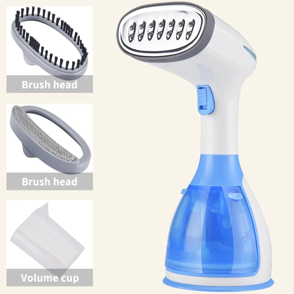 Handheld garment steamer in white and blue with brush head and volume cup shown