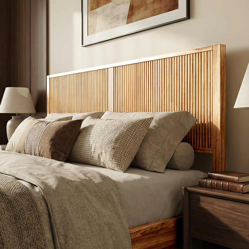 Solid wood bed frame with vertical slat headboard and bed-side cabinet