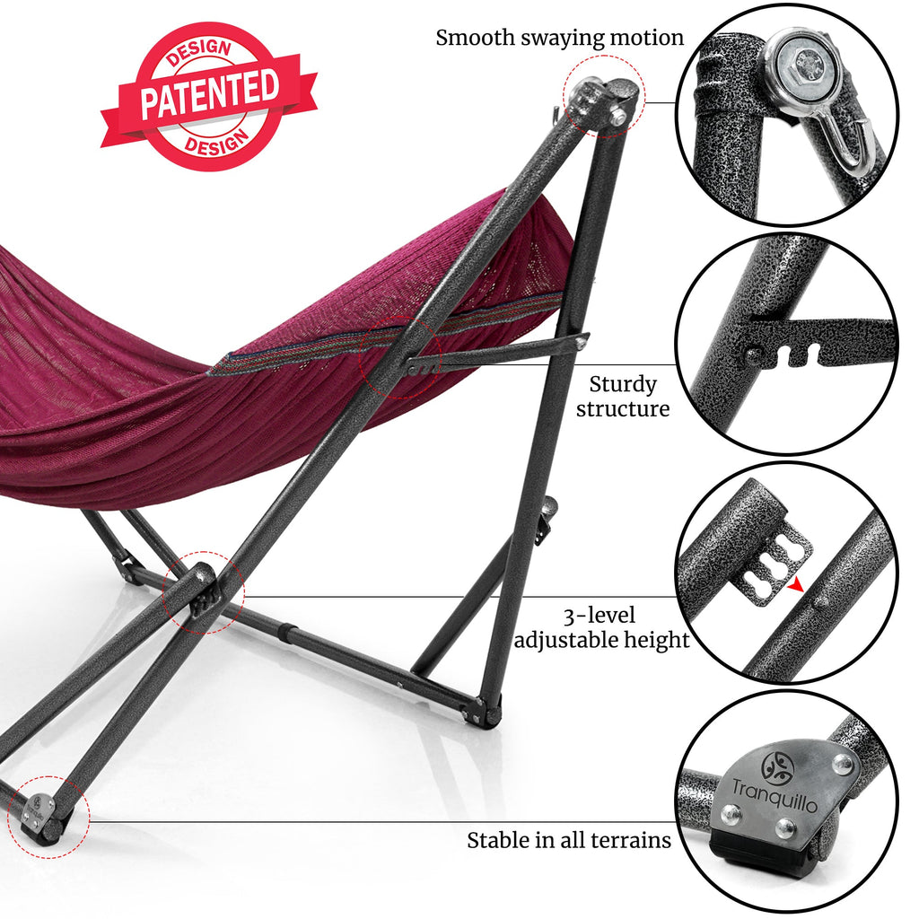 Maroon hammock on a black stand with adjustable height hardware detail.