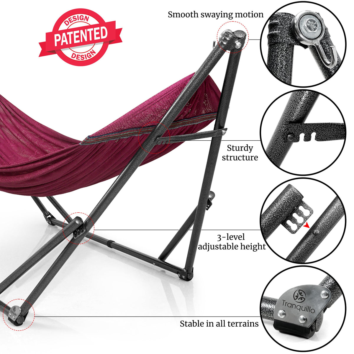 Maroon hammock on a black stand with adjustable height hardware detail.
