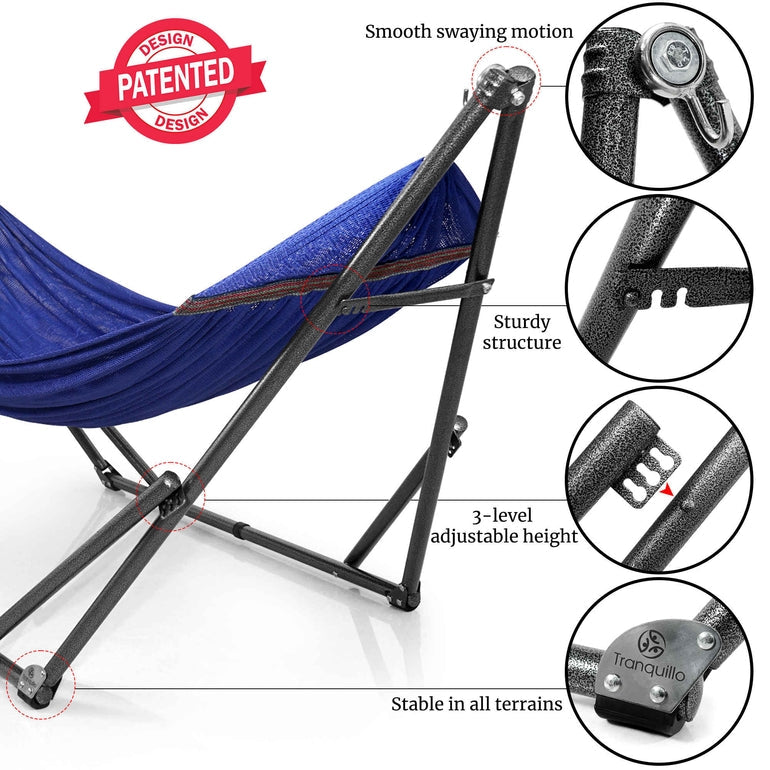 Blue hammock with medium stands, adjustable height black frame and fabric support details