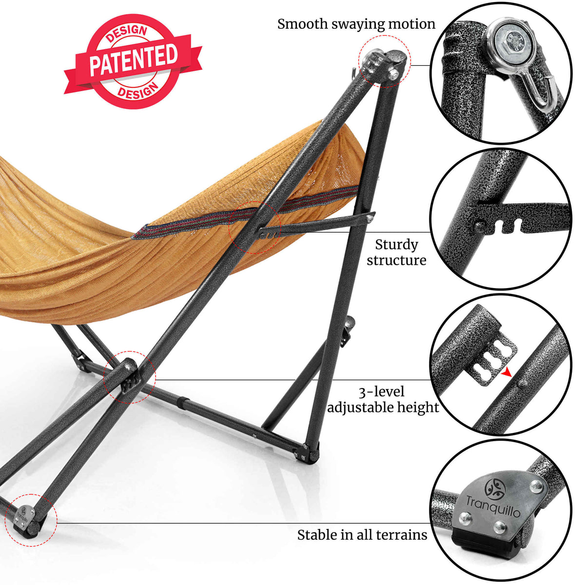 Orange hammock on black stand with adjustable height and reinforced structure, close-up