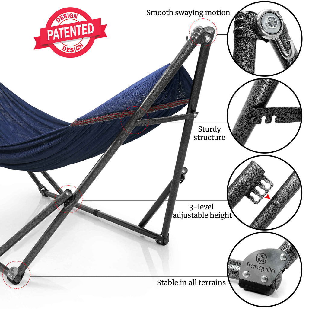 Blue hammock frame closeup with adjustable-height legs and sturdy base