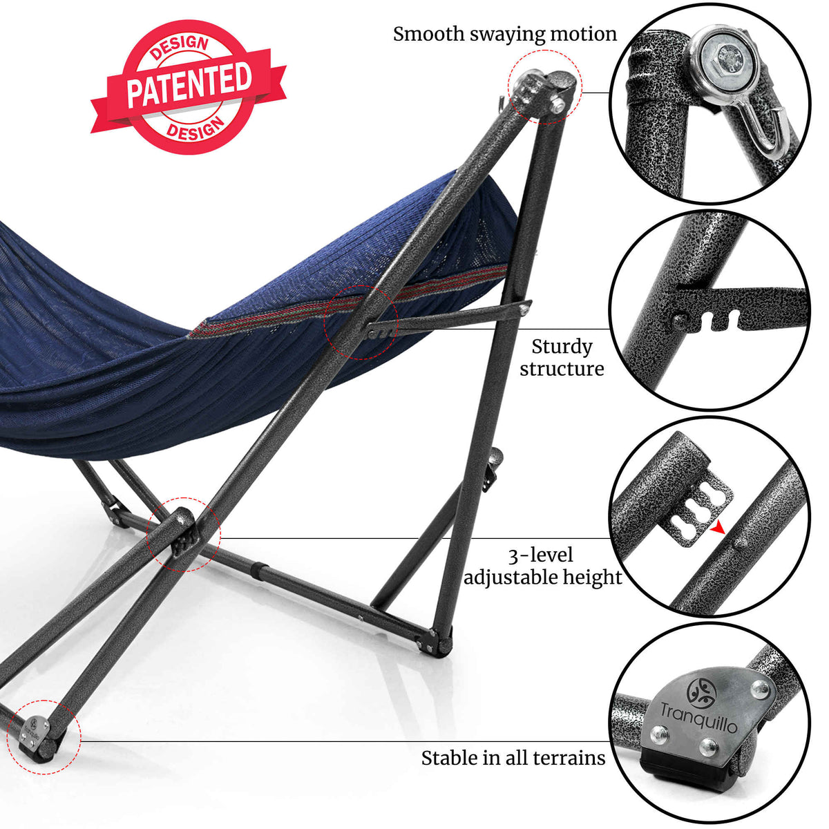 Blue hammock frame closeup with adjustable-height legs and sturdy base