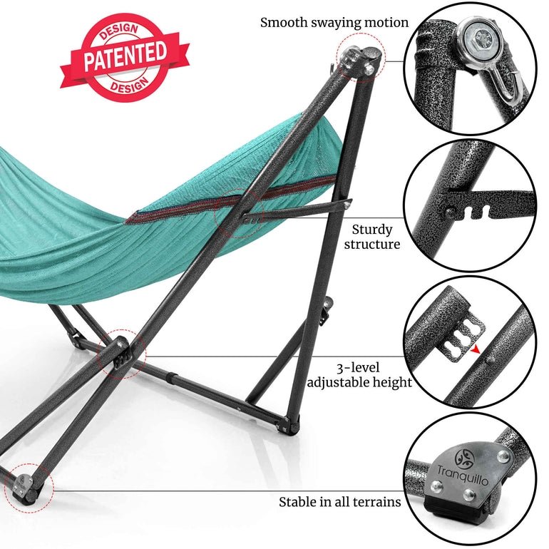 Teal hammock with black metal stand and adjustable height legs
