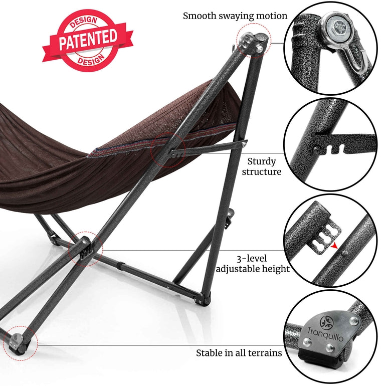 Brown hammock with black stand hardware, adjustable height levels shown